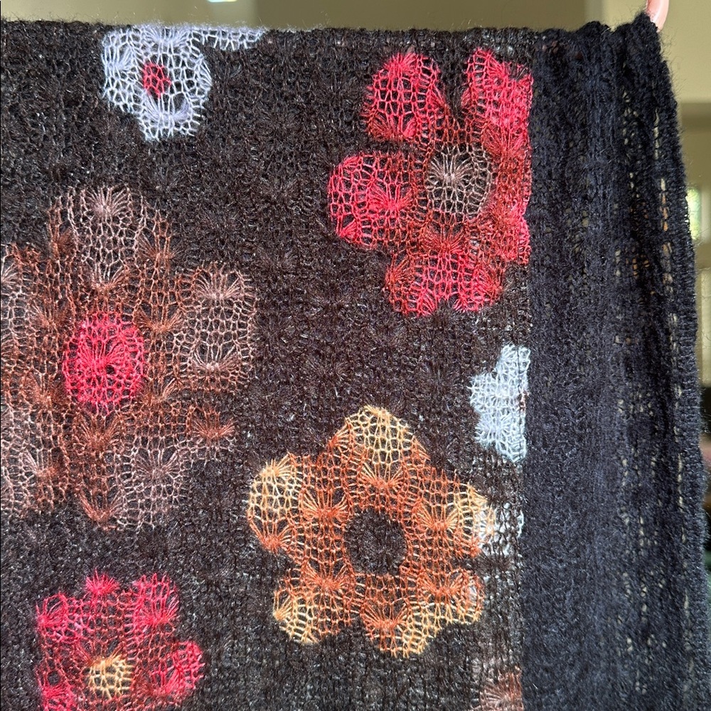 Rikka Black Double Layered Loose Knit Scarf Flower Design Mini Pom Pom Edge Boho